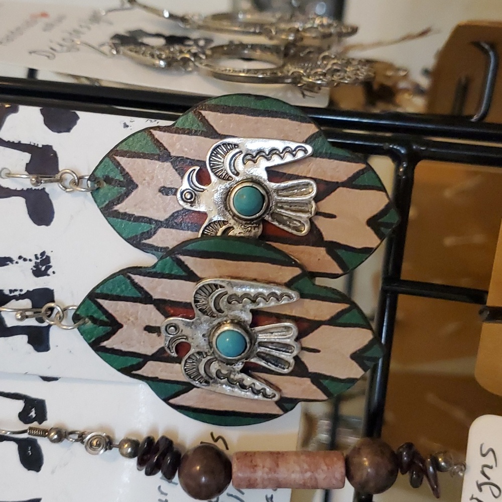 Native made Sterling Silver Thunderbird on Leather Earrings